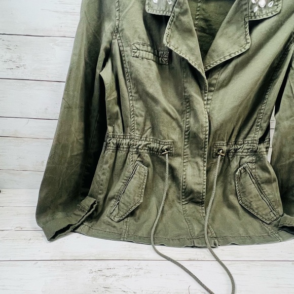 Y2K Dolled Up Jacket Juniors M Olive Green Utility Zip Up Distressed Draw String - Picture 4 of 15